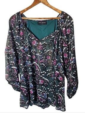 Lane Bryant Teal Floral Print Long-Sleeve Lightweight Blouse, Size 18